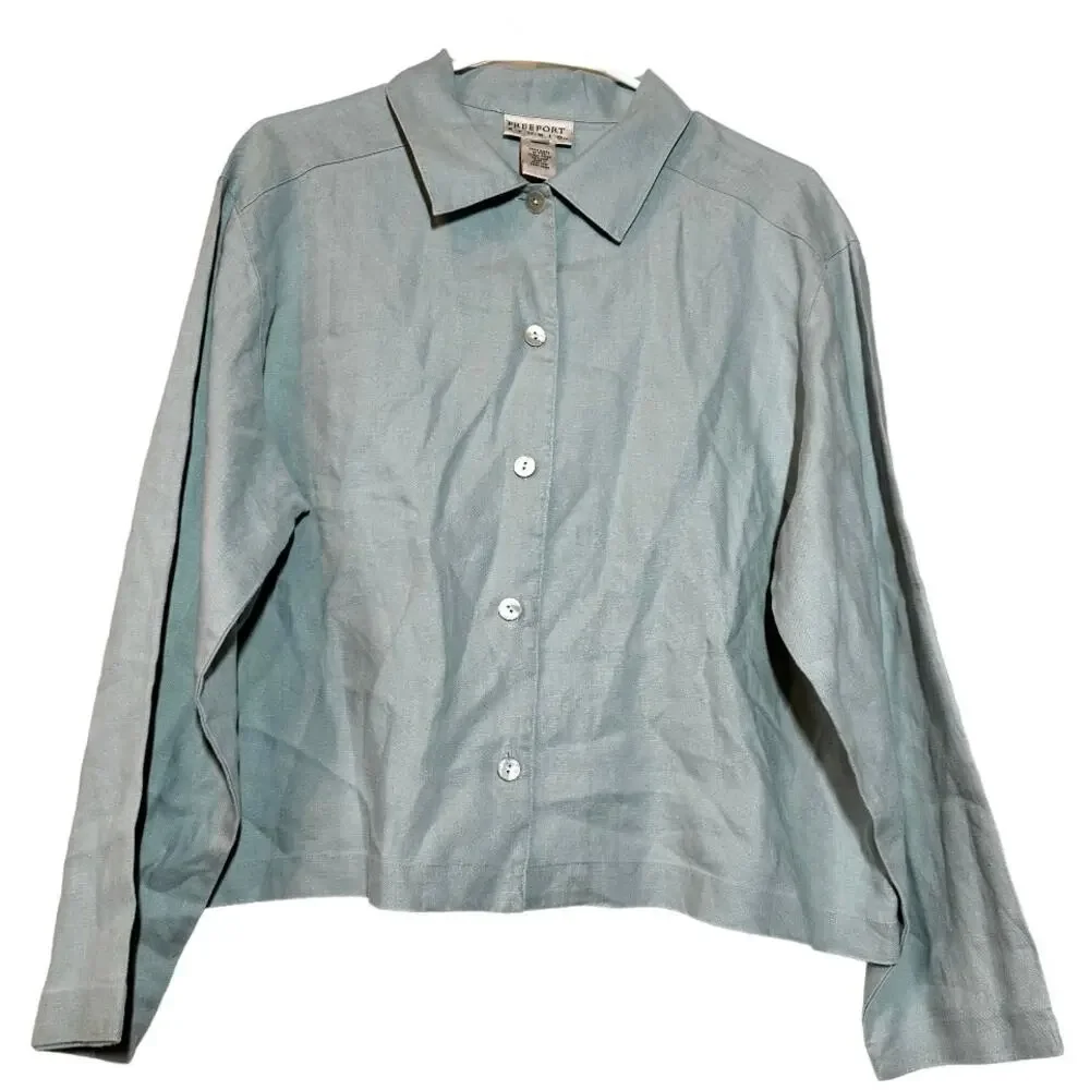 Vintage L.L. Bean Freeport Studio 100% Linen Button Down Shirt  Collared Gray L